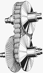 A pair of conical pulleys, with a flat belt running between them. The lower pulley is formed from two separate movable cones. In the current configuration, the cones have been moved apart so the belt "falls" into space between them. By moving the cones closer, the belt is forced to ride higher on the sides of the cones, changing the pulley ratio.