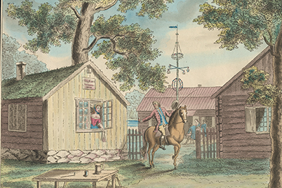 engraving of a man on a horse gesturing to a woman at the window of a wooden cabin
