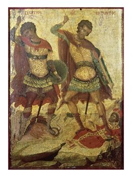 Michael Damaskinos (16th century), Saint George killing the dragon, alongside Saint Mercurius killing Julian.
