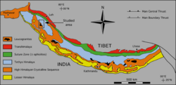 Tectonic units of the Himalaya. Green is the Indus-Yarlung suture zone. Red is the Transhimalaya, including the Gangdese batholith. Lhasa to the east.