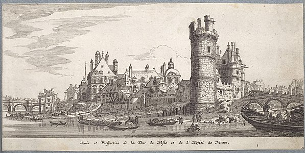 View of the Tour de Nesle and the Hôtel de Nevers about 1648 or earlier, as drawn by Silvestre and engraved by Goyrand