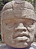 Colossal Head N° 1 of San Lorenzo. A historical person, likely an Olmec leader, is depicted in this monumental sculpture found at San Lorenzo (in Tabasco, Mexico), a principal Olmec centre