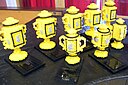☎∈ Trophies made of Lego blocks for First Lego League 2005 regional winners.