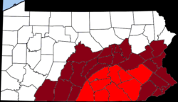 Map of Pennsylvania with the Pennsylvania Dutch Country (red) and German Pennsylvania (maroon)