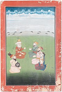 Guru Nanak, Bhai Mardana and three devotees, seated outdoors