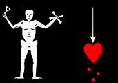 One of Roberts' several flags described in Johnson's General History, depicting a skeleton holding an hour glass and two bones standing next to a dart stabbing a bleeding heart.