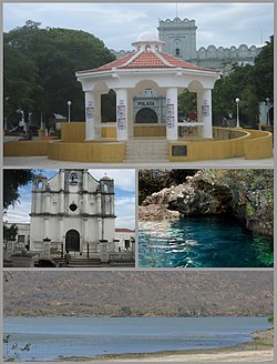 From the top: Park and kiosk, Church, Anda Mira Cave and Atescatempa Lagoon.