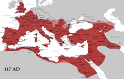 The Roman Empire in AD 117, at its greatest extent at the time of Trajan's death (with its vassals in pink).[13]