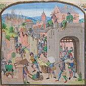 A colourful fourteenth century depiction of a town being sacked
