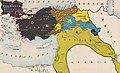 Ethnic map of Asia Minor in 1917. Black = Bulgars and Turks. Red = Greeks. Light yellow = Armenians. Blue = Kurds. Orange = Lazes. Dark Yellow = Arabs. Green = Nestorians.