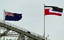 The tino rangatiratanga flag and New Zealand flag flying on Auckland Harbour Bridge