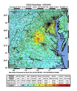 Shake map showing the epicenter of the earthquake in Virginia