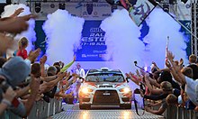 Lukyanuk leaving the podium of Rally Estonia – European Rally Championship round