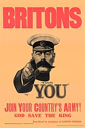 A recruitment poster depicts the likeness of Herbert Kitchener, pointing to the viewer. The text reads 'Britons [Kitchener] "wants you" Join your country's army! God Save the King'.