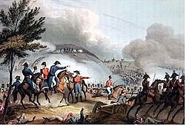 Colored print shows the Battle of Salamanca. Wellington and his staff are at left center while the rest of the picture shows Allied troops rushing into battle.