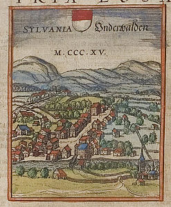 Unterwalden depicted as one of the thirteen cantons in 1572. Its name is Latinized as Sylvania, and its date of foundation is given as 1315, the date of the Pact of Brunnen, taken as the traditional founding date of the Swiss Confederacy until the 19th century. The old flag of Unterwalden is also shown, identical to the later Flag of Solothurn.