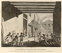 The arrest of Cécile Renaud in the courtyard of Duplay's house on 22 May 1794, etching by Matthias Gottfried Eichler after a drawing by Jean Duplessis-Bertaux.