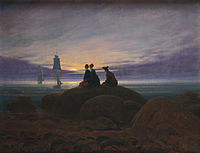 Moonrise over the Sea (1822). 55 × 71 cm. Alte Nationalgalerie, Berlin. From the early 1820s, human figures appear with increasing frequency in his paintings.[31]