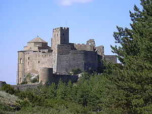 The irregularly shaped Loarre Castle in the Pyrenees, Spain.