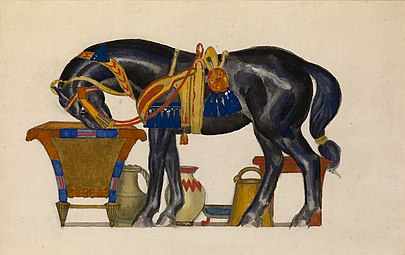 Drawing of a Horse Drinking; c. early 20th-century, pencil, watercolour and gouache on paper laid on cardboard, 33×49 cm, private collection.