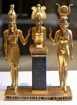 Pendant bearing the cartouche of Osorkon II seated Osiris flanked by Horus and Isis