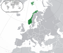 Europakarte, in der sowohl das norwegische Festland sowie das weiter nördlich gelegene Spitzbergen und das nordöstlich von Island gelegene Jan Mayen grün markiert ist