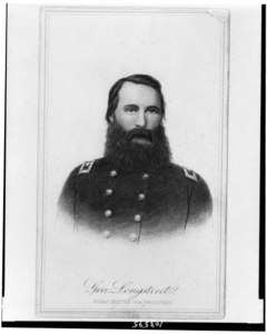 Sketch of Longstreet with a dark beard in a blue United States Army uniform with two buttons