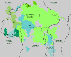 Map showing regions of Burkina Faso and neighboring countries where Gur languages are spoken: Koromfé in a small area in the north; Oti–Volta languages, the most widespread; Bwamu in the west; Gurunsi in the southern and southeastern areas; Kirma–Lobi in a small western area; Dogoso–Khe in a small extreme western area; and Doghose–Gan in a small western area.