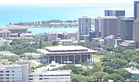 Hawaii State Capitol photographed from the rim of Punchbowl Crater