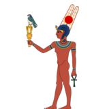 Horus represented as a child with the unified Egyptian crown, and sistrum.
