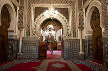 Interior of the Zawiya of Moulay Idris II showing elaborate decorative architecture