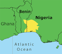 Map of a region extending inland from the Guinea Coast in West Africa encompassing parts of Nigeria, Togo and Benin