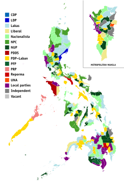 Parties that hold the seats in each congressional district in the 19th Congress of the Philippines at the time of their elections.