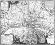 Paris circa 1180, the third of eight chronological maps of Paris from Nicolas de La Mare's Traité de la police. (BNF Gallica)