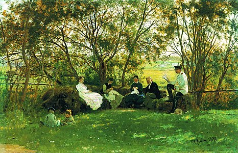 Repin's family on a turf bench (1876)