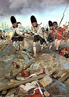 A close up of soldiers charging towards the viewer, white and black Spanish troops from New Orleans, in their attack capturing Pensacola from the British