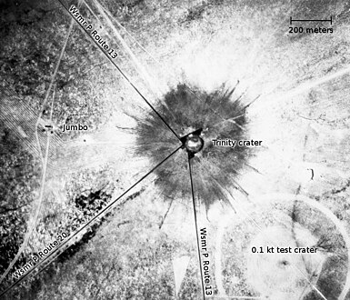 An aerial photograph of the Trinity crater shortly after the test.[f]