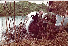 The wreckage of Harrier XW823 following its crash in May 1981.