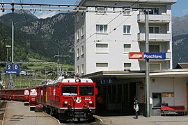A down valley train at Poschiavo station.