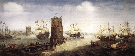 Crusaders break a chain protecting the harbour (at left) in the siege of Damietta.
