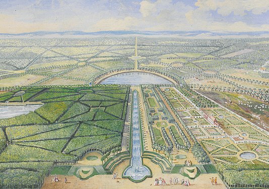 View to the south, showing the garden cascade, the half-moon lake, and the patte d'oie (miniature painting by Van Blarenberghe for the Chanteloup gold snuffbox, Metropolitan Museum of Art)