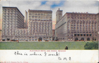 Postcard of building circa 1906, with handwritten note: "This is where I work!"