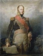 Painting from head to knees of a man wearing an elaborate military uniform. The dark blue coat has a broad band of gold lace from the high collar down the chest. A red sash goes across his chest and his breeches are a buff color.