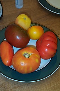 Various heirloom tomato (heritage tomato in British English) cultivars