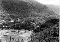 The narrow defile at the lower end of Hetch Hetchy Valley where San Francisco planned to dam the Tuolumne River, seen in 1914 before construction began
