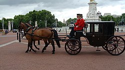 A clarence from the Royal Mews, drawn by a pair of Cleveland Bay horses, passing the Victoria Memorial. (A clarence is a larger-than-standard, two-horse brougham.)