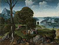 Landscape with St John the Baptist Preaching, oil on oak, 36.5 × 45 cm (14.1 × 17.1 in), Royal Museums of Fine Arts of Belgium
