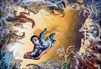 Painting on a ceiling of the Castillo de Chapultepec by Gabriel Flores depicting Juan Escutia [es] leaping from the castle walls to his death, wrapped in the Mexican flag in order to prevent the flag from falling into U.S. hands.