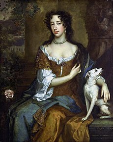 An informal portrait of Mary. She has a long handsome face, dark eyes and black hair. Her hair, her brown satin dress and plain linen undergarment are in fashionable disarray. She clasps a white dog.