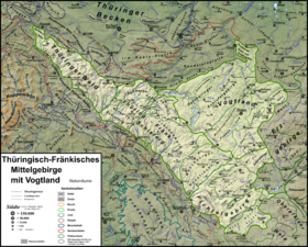 Das Thüringisch-Fränkische Mittelgebirge zusammen mit dem Vogtland, mit dem es eine naturräumliche Großregion 3. Ordnung bildet